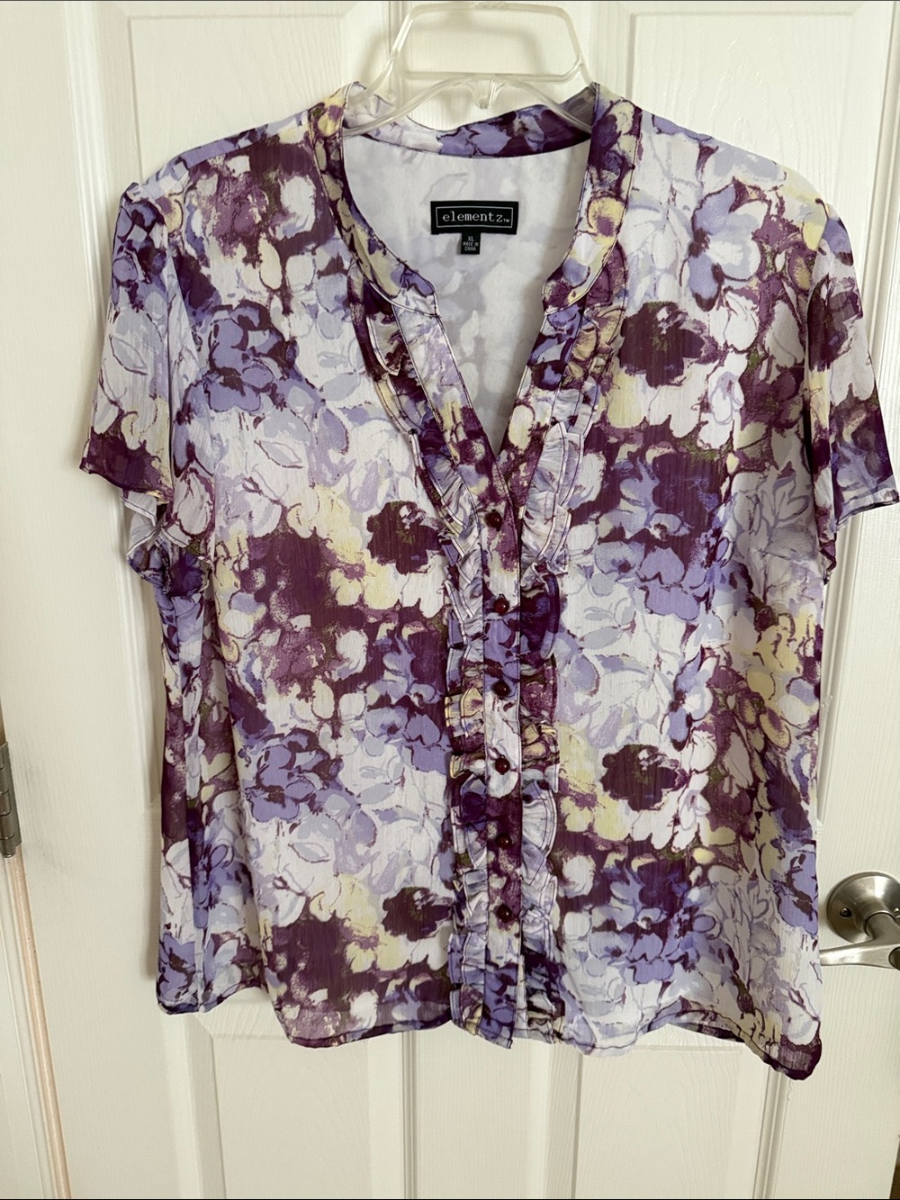 Elementz Purple Lavender Floral Ruffle-Front Blouse